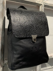 Elpiniki - soft black leather backpack with bordo snake design WT/TYM