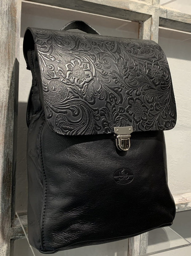 Elpiniki - soft black leather backpack with bordo snake design WT/TYM