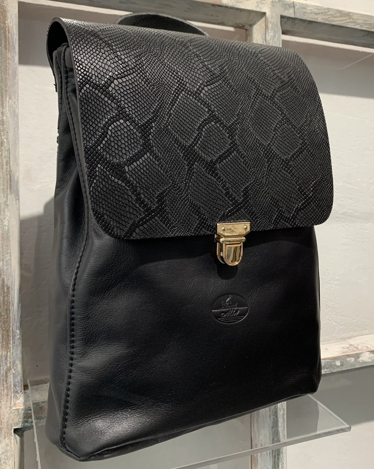 Elpiniki - soft black leather backpack with bordo snake design WT/TYM