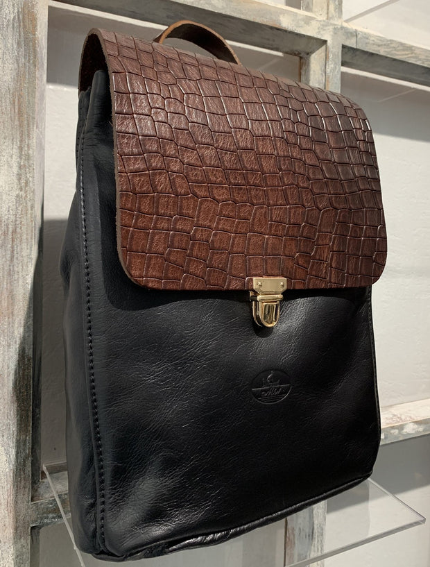 Elpiniki - soft black leather backpack with bordo snake design WT/TYM