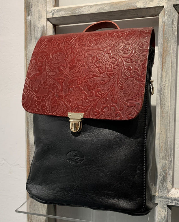 Elpiniki - soft black leather backpack with red flower design WT/TYM