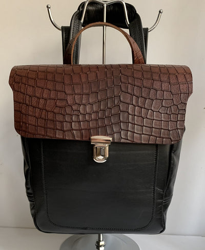 Elektra - soft black leather backpack with brown croco design WT/283M