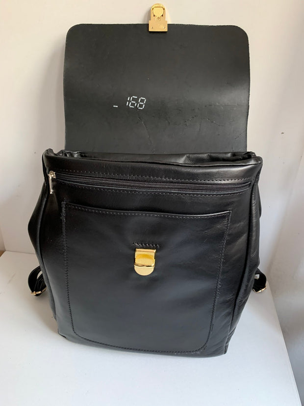 Elektra - soft black leather backpack with brown flower design WT/283M