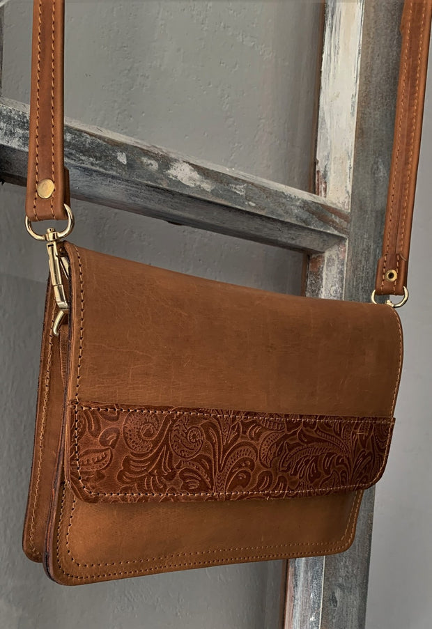 "Iakinthos" - small crossbody bag handcrafted from natural light brown leather with flower design WT/52FLK