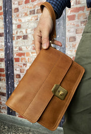 "Sokratis" - small crossbody bag handcrafted from natural light brown leather with square lock WT/55T