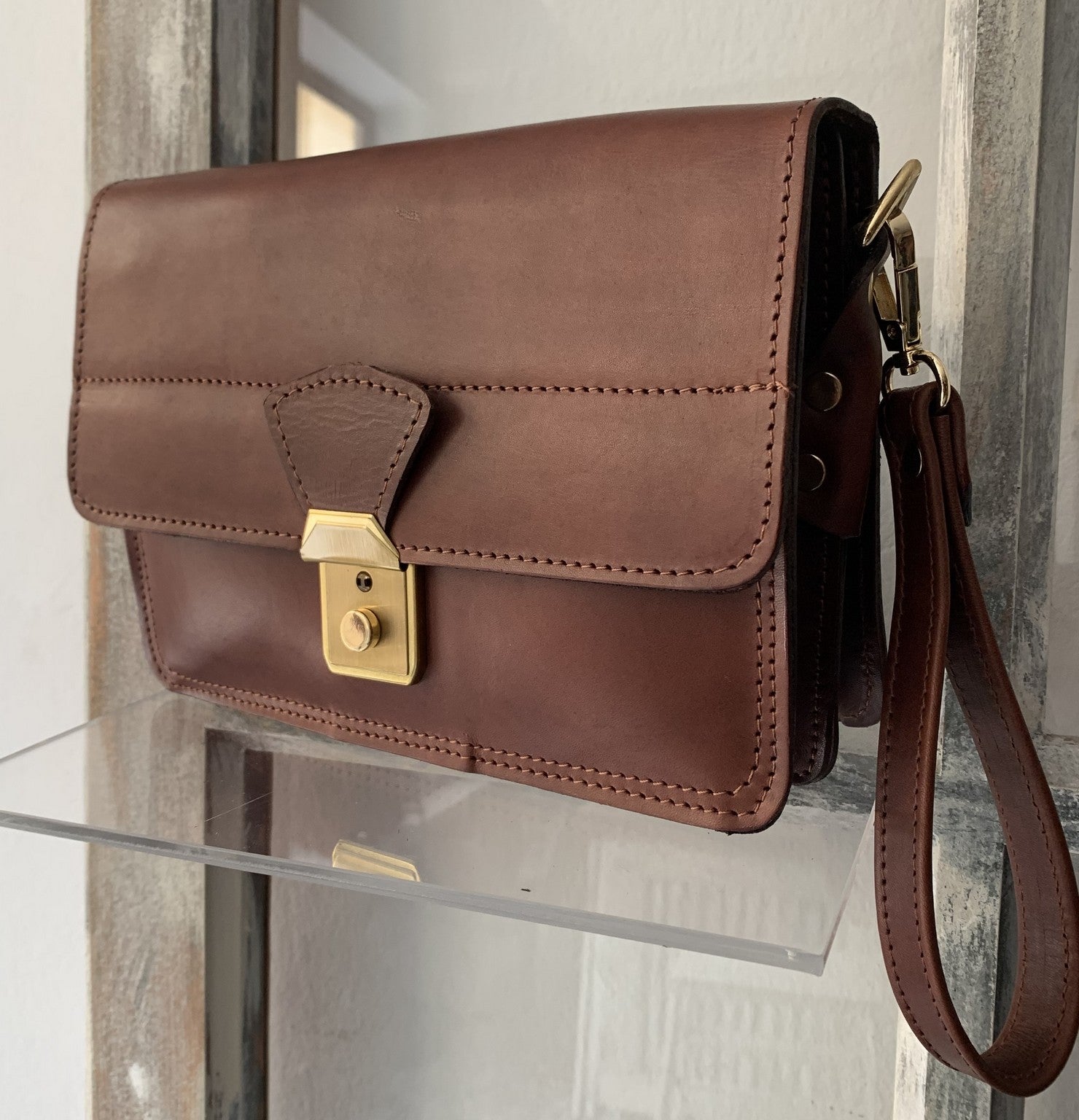 "Sokratis" - small crossbody bag handcrafted from natural light brown leather with square lock WT/55T