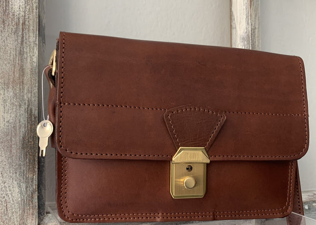 "Sokratis" - small crossbody bag handcrafted from natural light brown leather with square lock WT/55T
