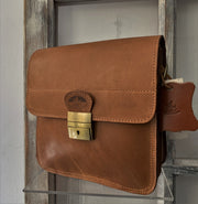 "Ikaros" - midsize crossbody bag handcrafted from natural brown leather with square lock WT/52EGK