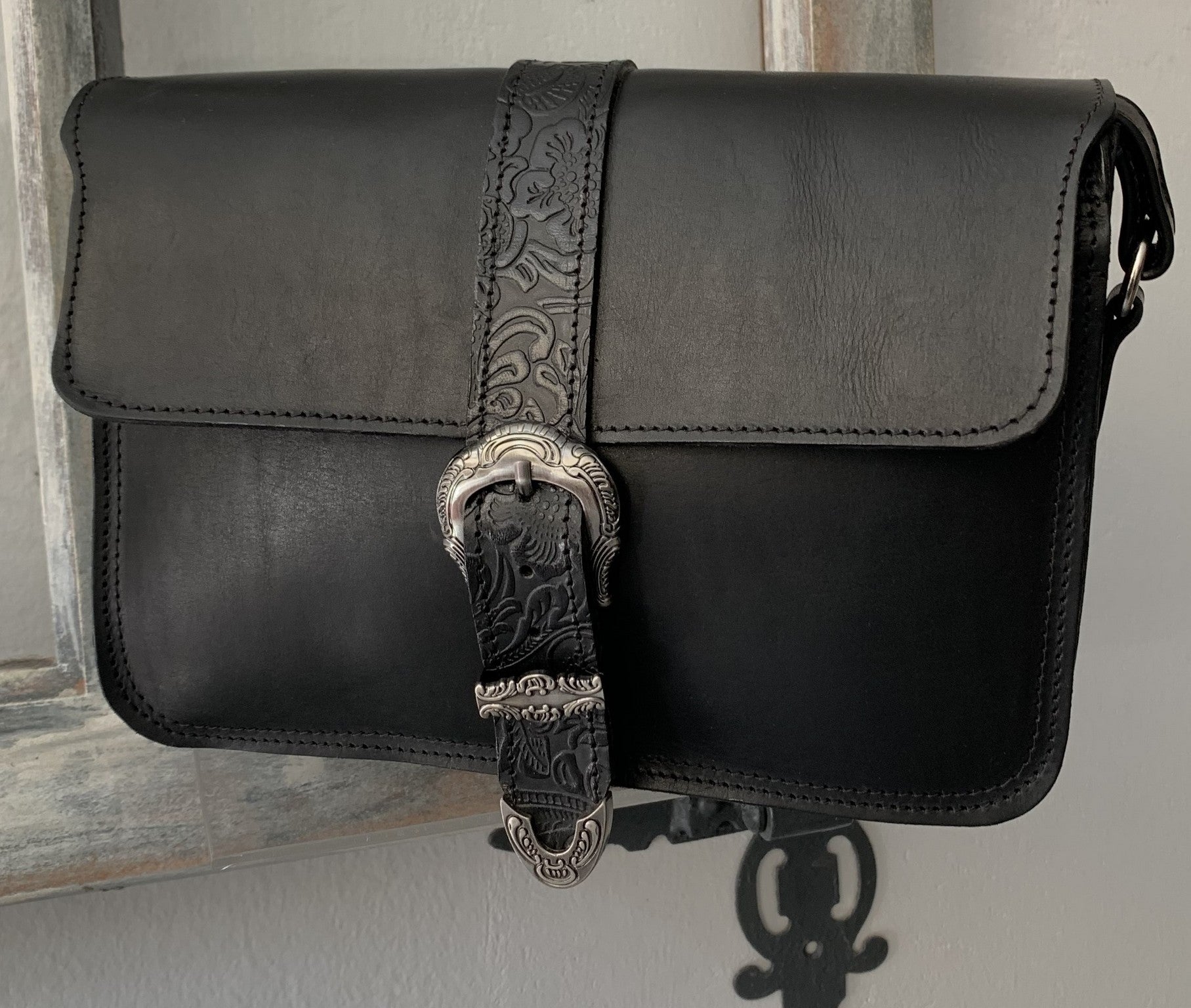 "Hellen" - midsize crossbody bag handcrafted from natural black leather with flower details WT/319M