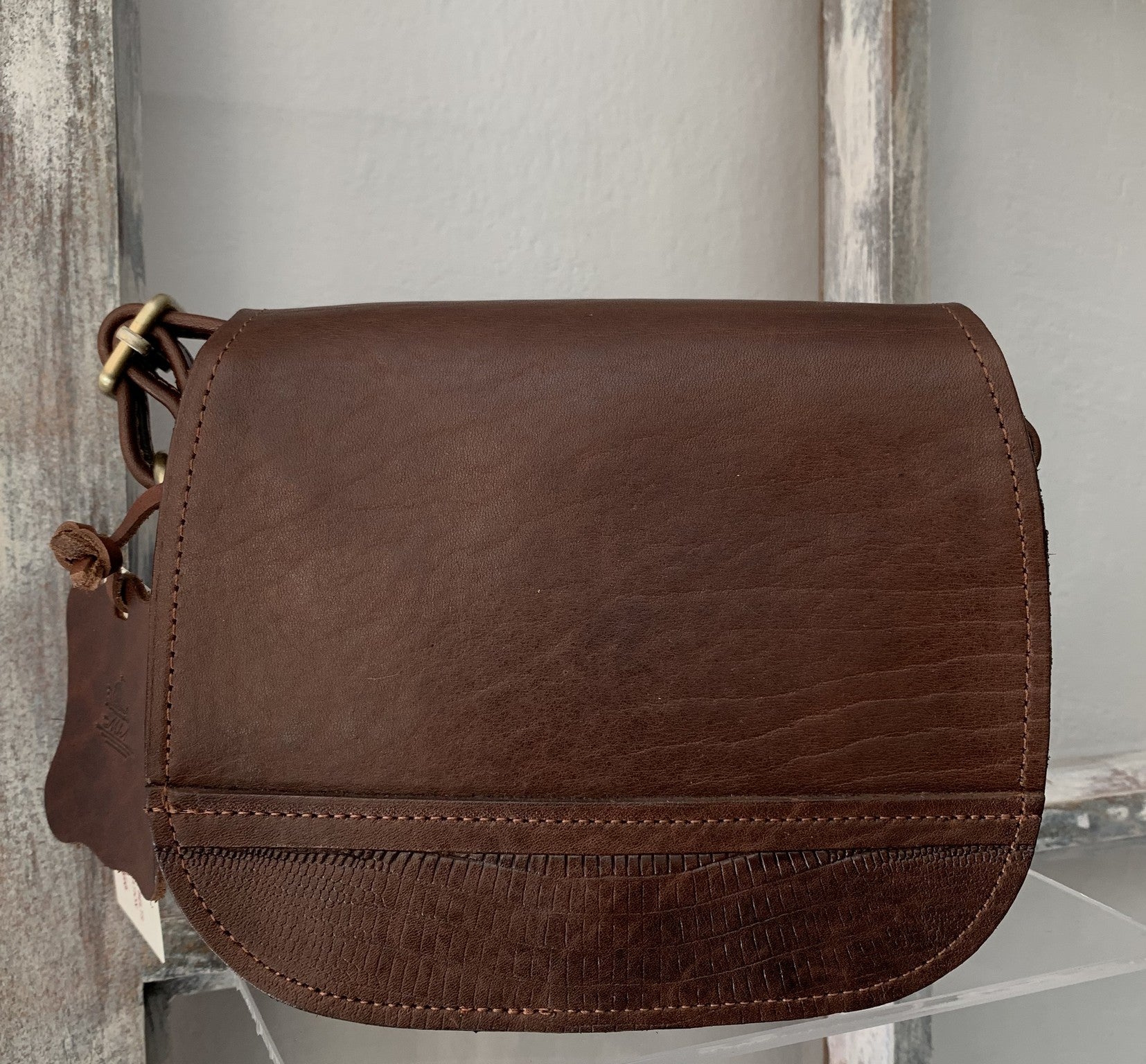 "Fedra" - small crossbody bag handcrafted from natural dark brown leather with flower details WT/60SK