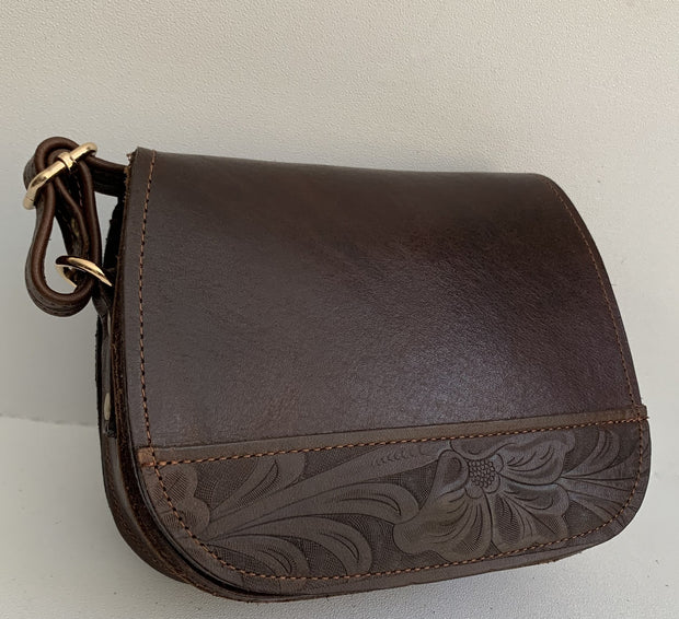 "Fedra" - small crossbody bag handcrafted from natural dark brown leather with flower details WT/60SK