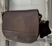 "Fedra" - small crossbody bag handcrafted from natural dark brown leather with flower details WT/60SK
