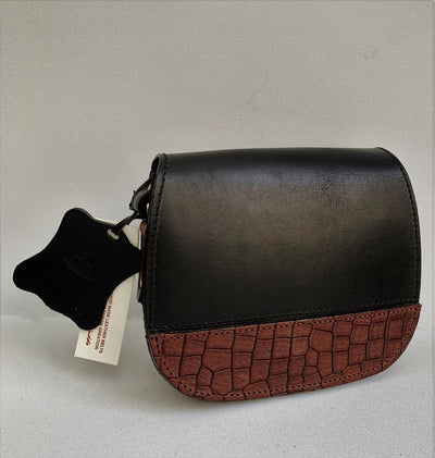 "Fedra" - small crossbody bag handcrafted from natural black leather with brown croco details WT/60M