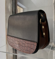 "Fedra" - small crossbody bag handcrafted from natural black leather with brown croco details WT/60M