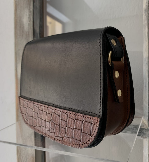 "Fedra" - small crossbody bag handcrafted from natural black leather with brown croco details WT/60M