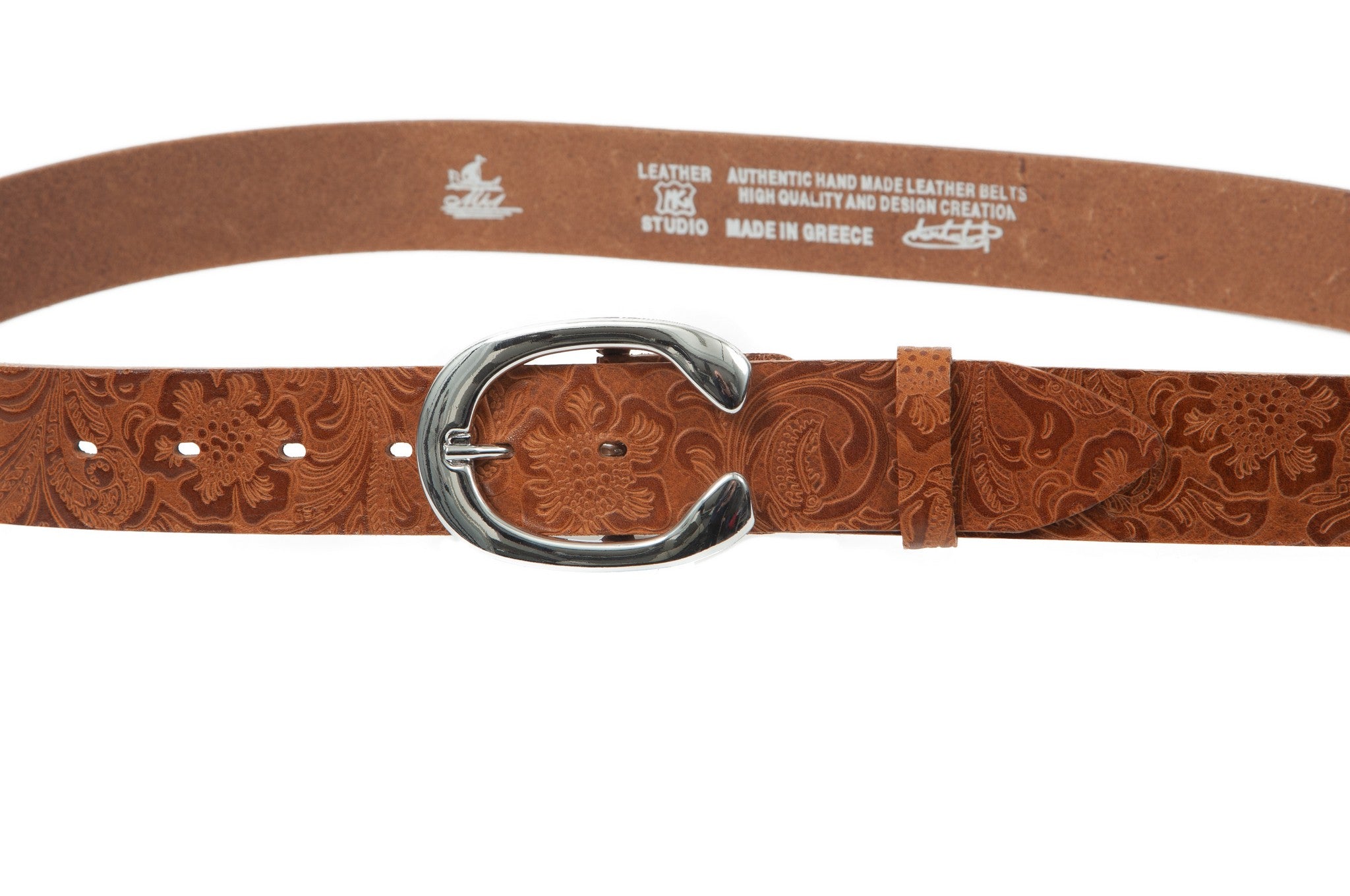 Women's 4cm wide belt handcrafted from light brown natural leather with flower design WB101294/40LD