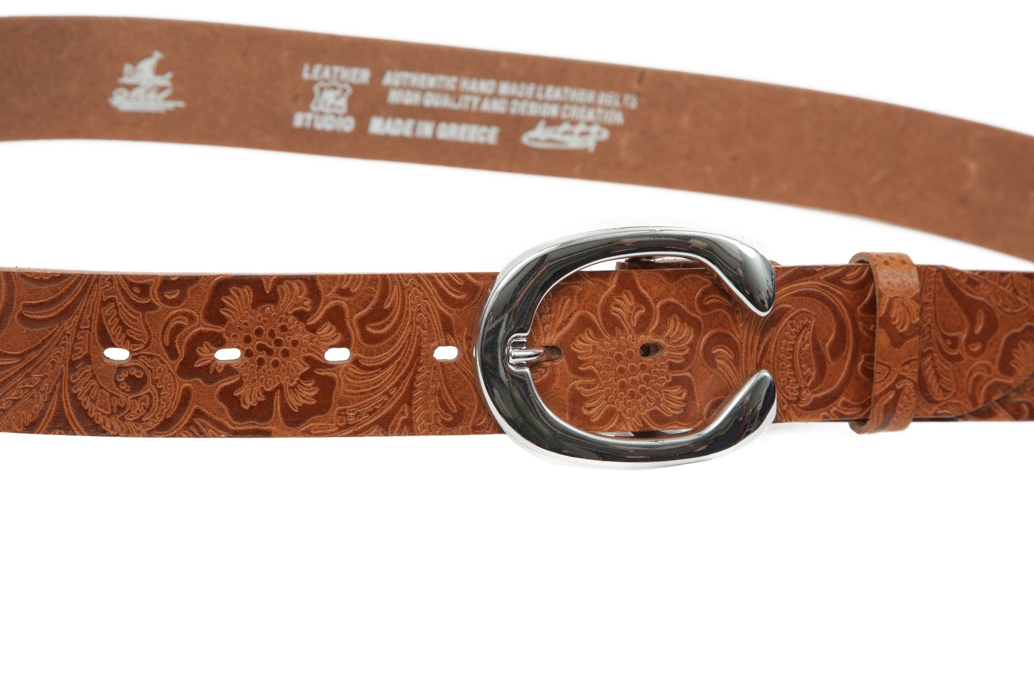 Women's 4cm wide belt handcrafted from light brown natural leather with flower design WB101294/40LD