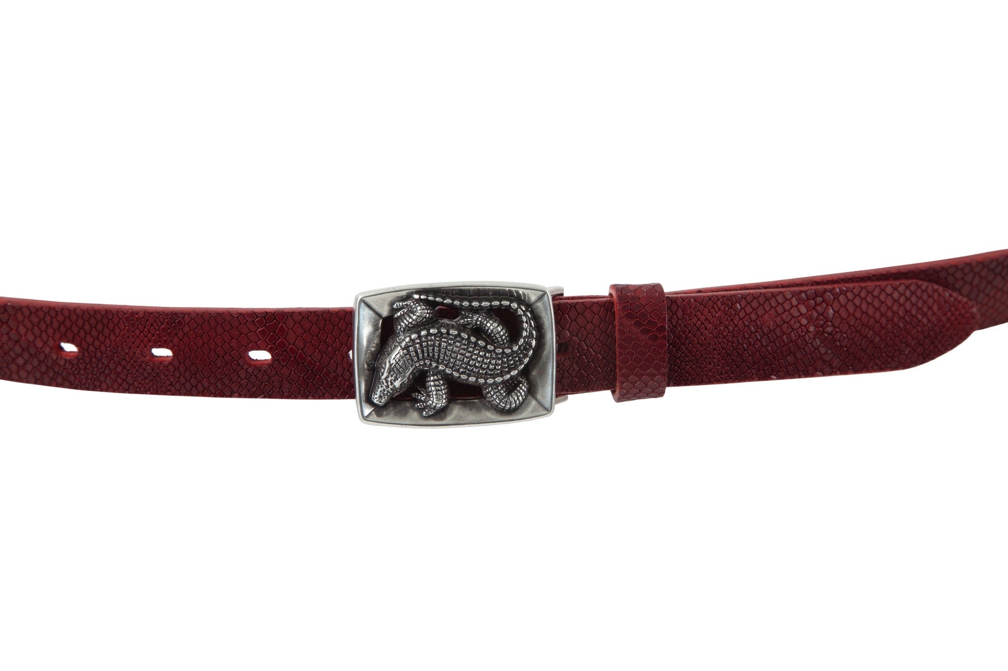 Women's thin belt handcrafted from red natural leather with croco design WB10976/25FD