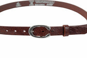 Women's thin belt handcrafted from light brown natural leather with flower 2 design WB101294/25LD
