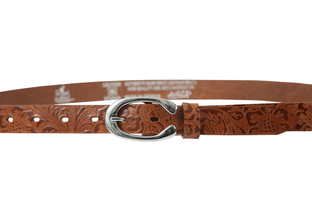 Women's thin belt handcrafted from light brown natural leather with flower design WB101294/25L