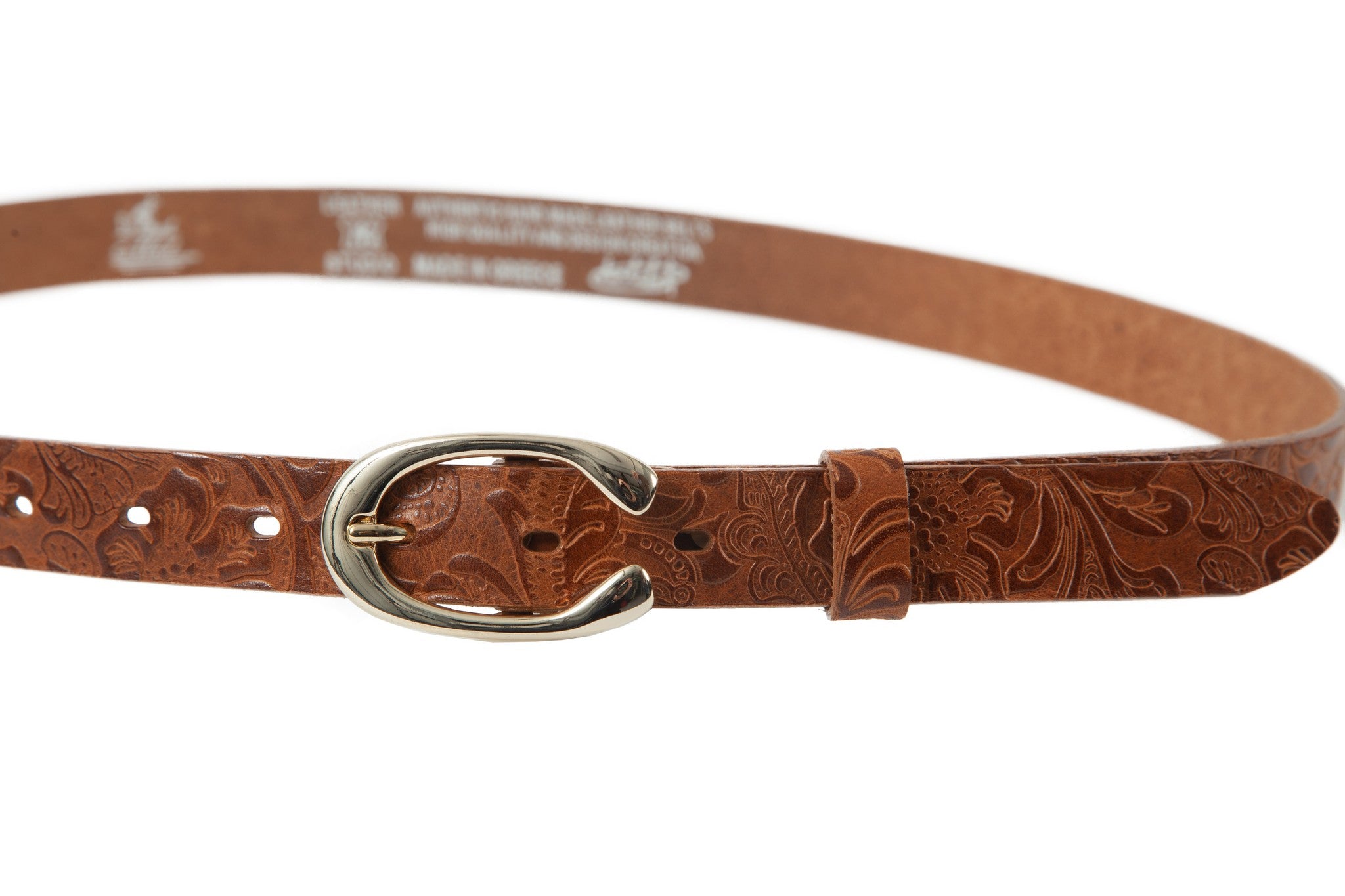 Women's thin belt handcrafted from light brown natural leather with flower design WB101294/25L