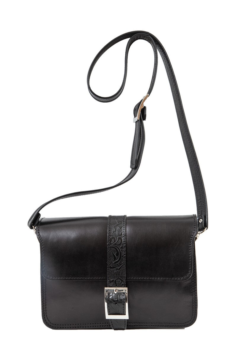 "Hellen" - midsize crossbody bag handcrafted from natural black leather with flower details WT/319M