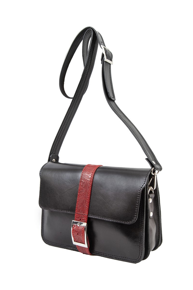 "Hellen" - midsize crossbody bag handcrafted from natural black leather with red flower details WT/319MKK