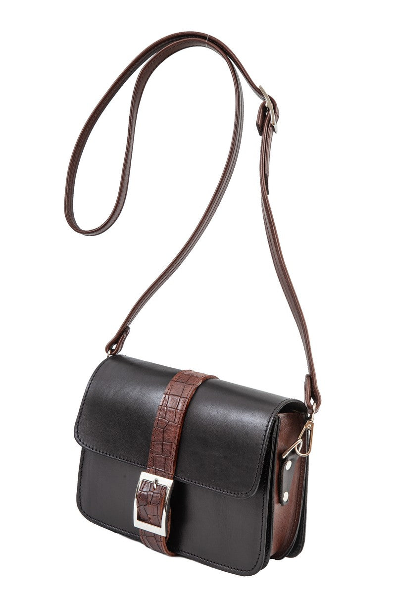 Kalypso" - small crossbody bag handcrafted from natural black leather with brown croco details WT/325F2FMK