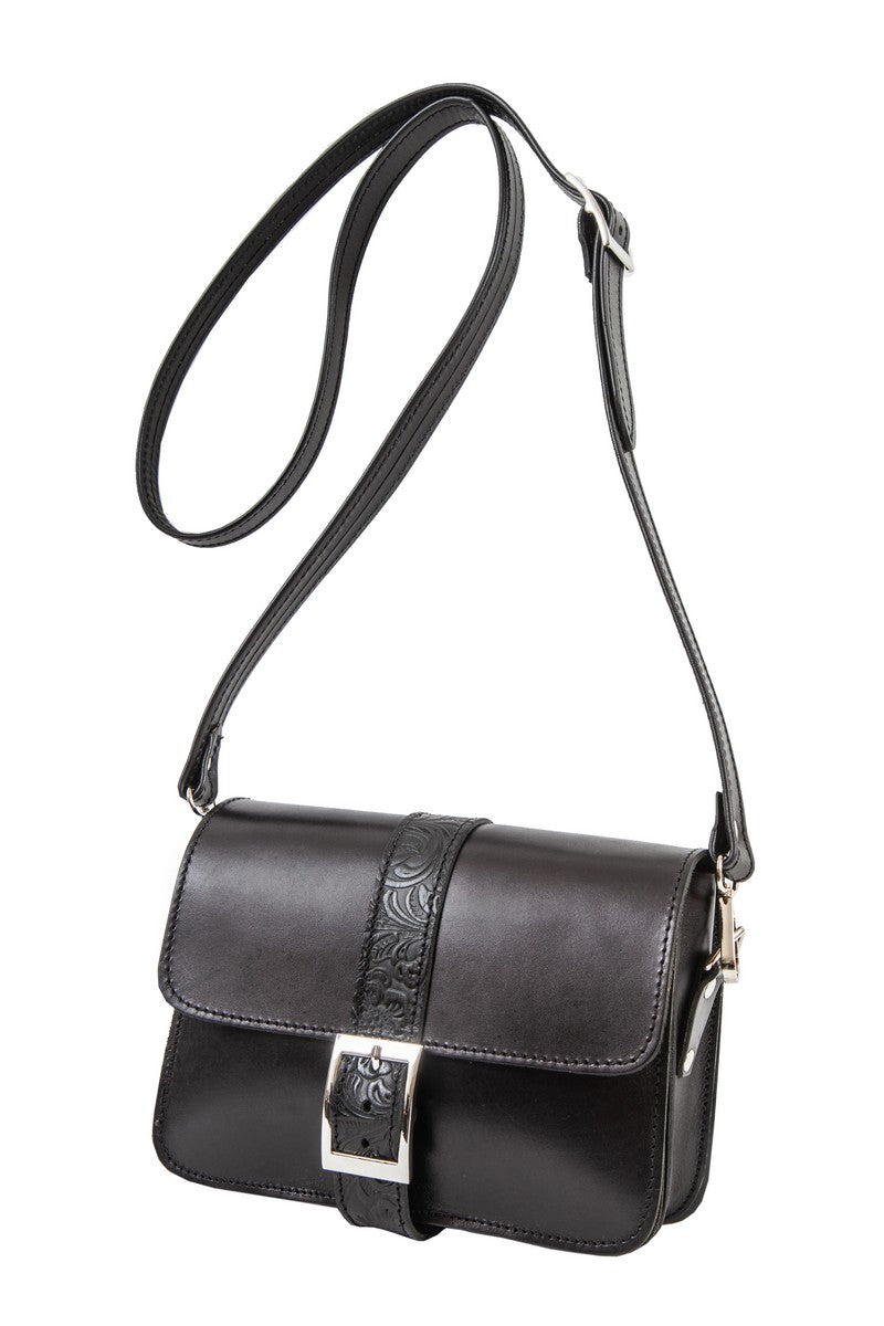 Kalypso" - small crossbody bag handcrafted from natural black leather with flower details WT/325F2F