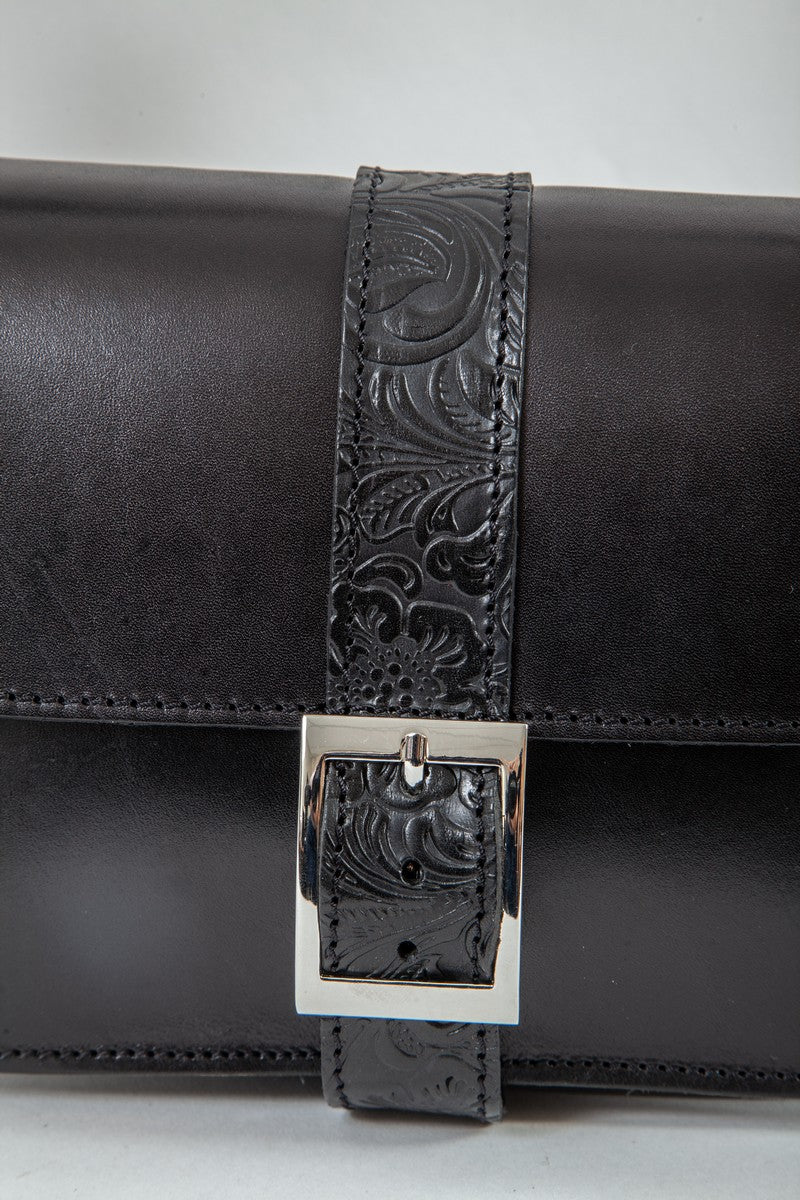 Kalypso" - small crossbody bag handcrafted from natural black leather with flower details WT/325F2F