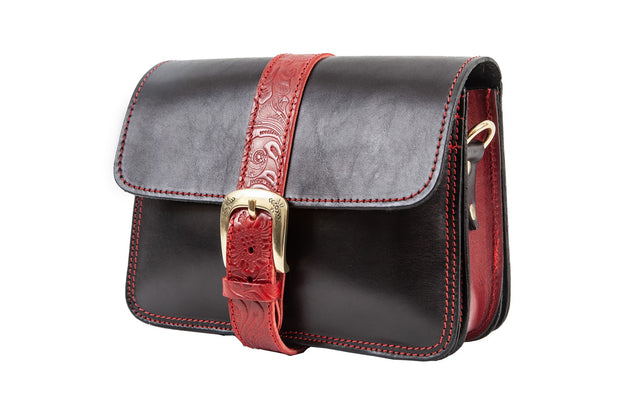 Kalypso" - small crossbody bag handcrafted from natural black leather with red flower details WT/325F2FMKK