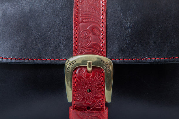 Kalypso" - small crossbody bag handcrafted from natural black leather with red flower details WT/325F2FMKK