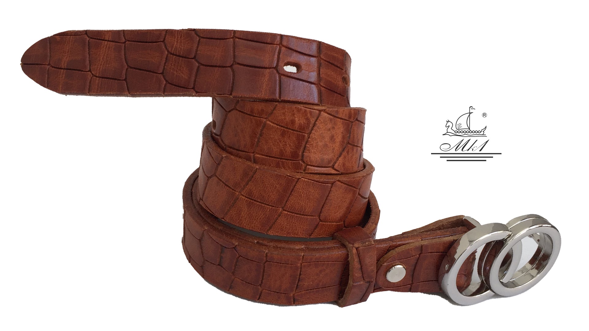 Women's thin belt handcrafted from light brown natural leather with croco design. 101343/25t-kr