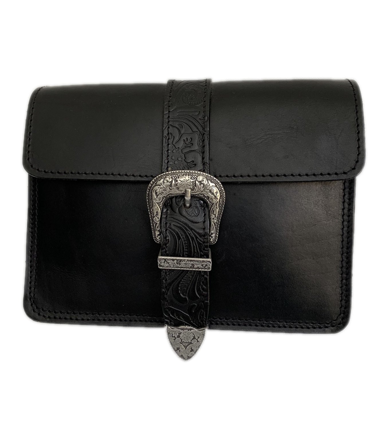 Kalypso" - small crossbody bag handcrafted from natural black leather with flower details WT/55F2FM2