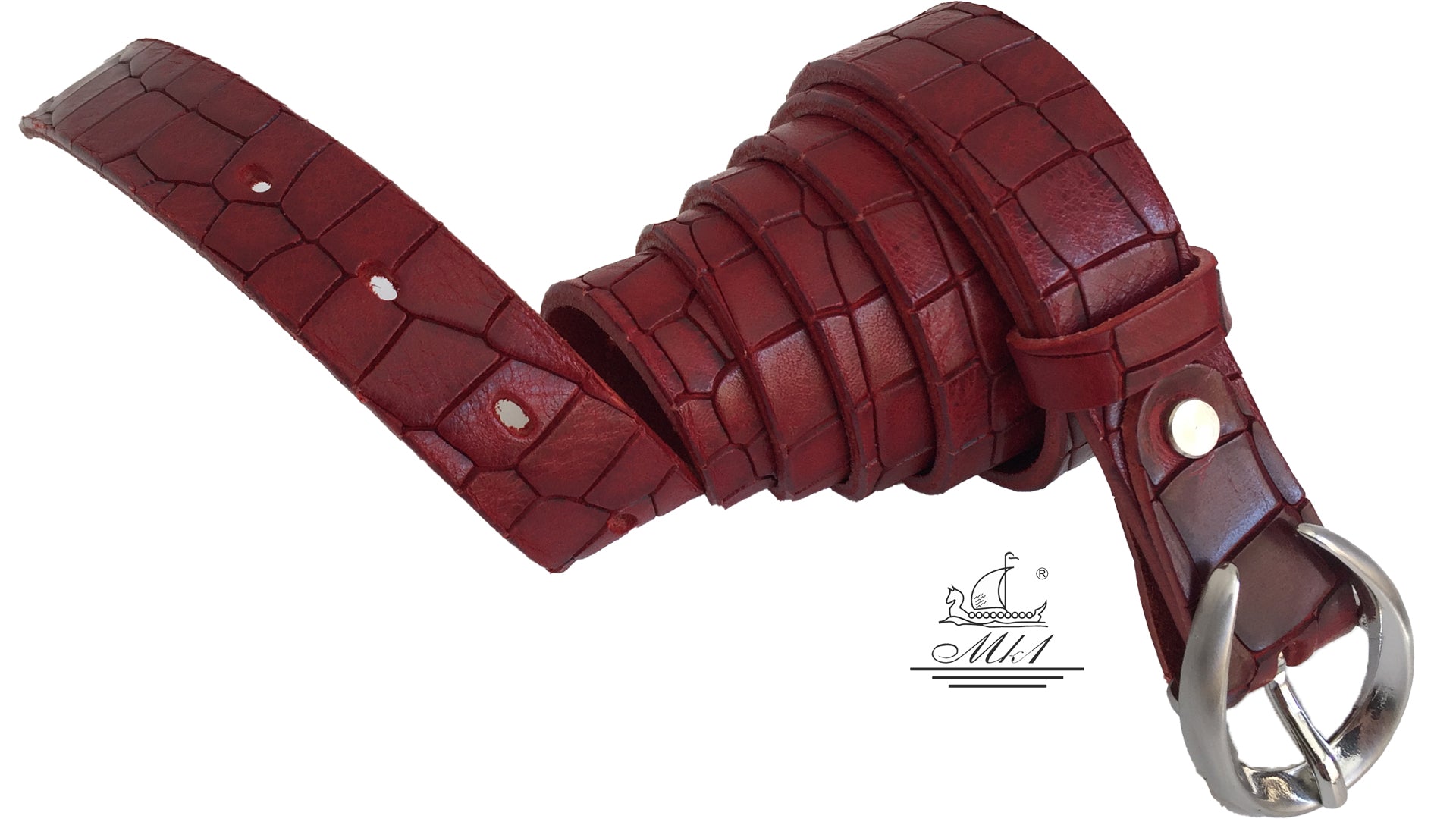 Women's thin belt handcrafted from red natural leather with croco design 101589/25Nrd-kr