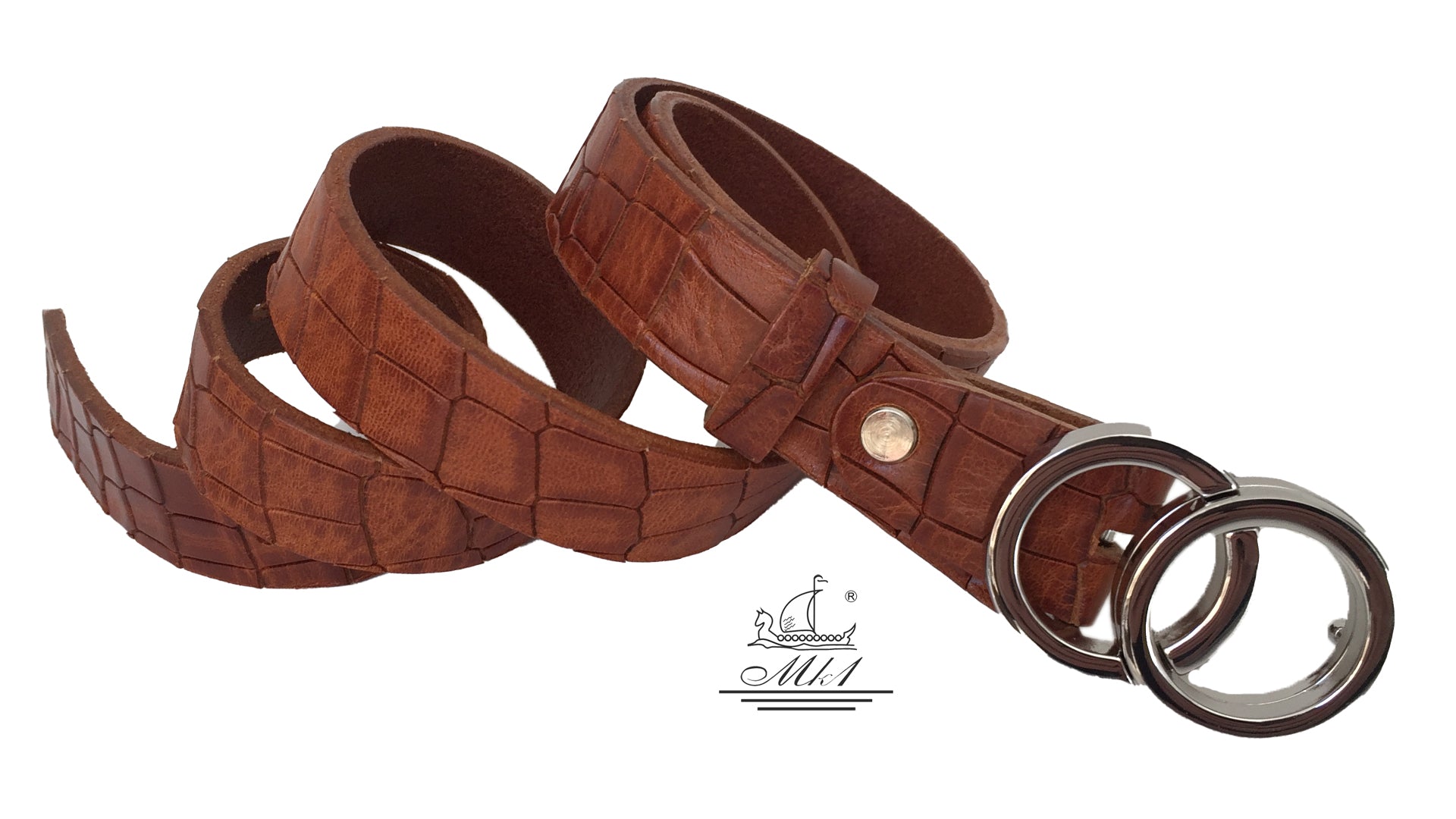 Women's thin belt handcrafted from light brown natural leather with croco design. 101343/25t-kr
