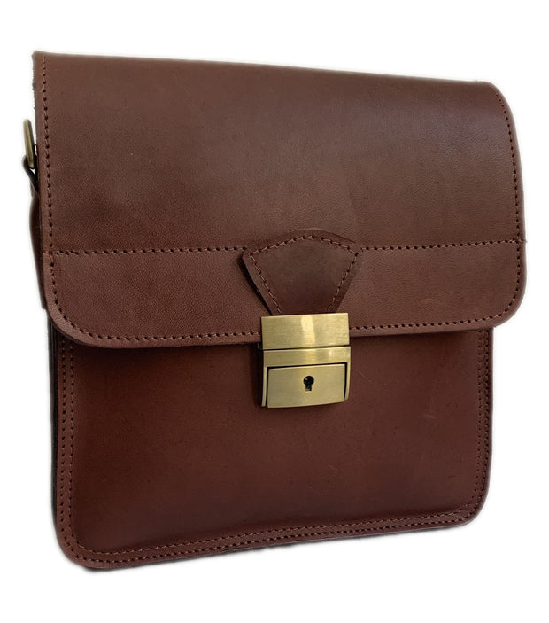 "Ikaros" - midsize crossbody bag handcrafted from natural brown leather with square lock WT/52EGK
