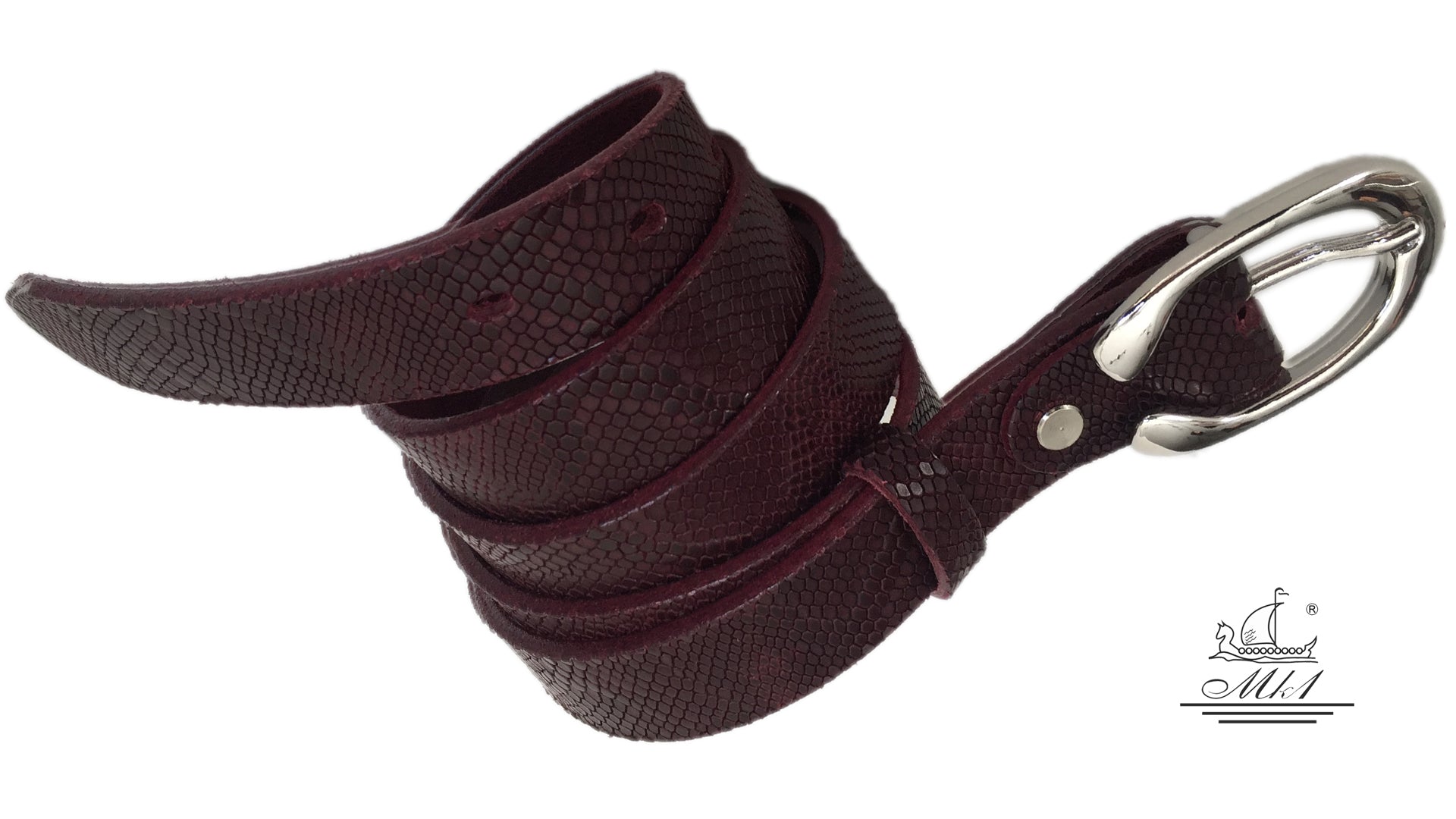 Women's thin belt handcrafted from redbrown natural leather with snake design 101294-25rb-fd