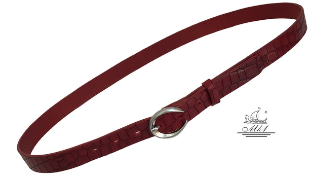 Women's thin belt handcrafted from red natural leather with croco design 101589/25Nrd-kr