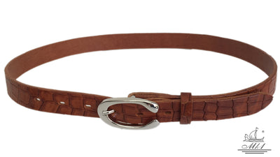Women's thin belt handcrafted from brown natural leather with croco design 101294-25t-kr