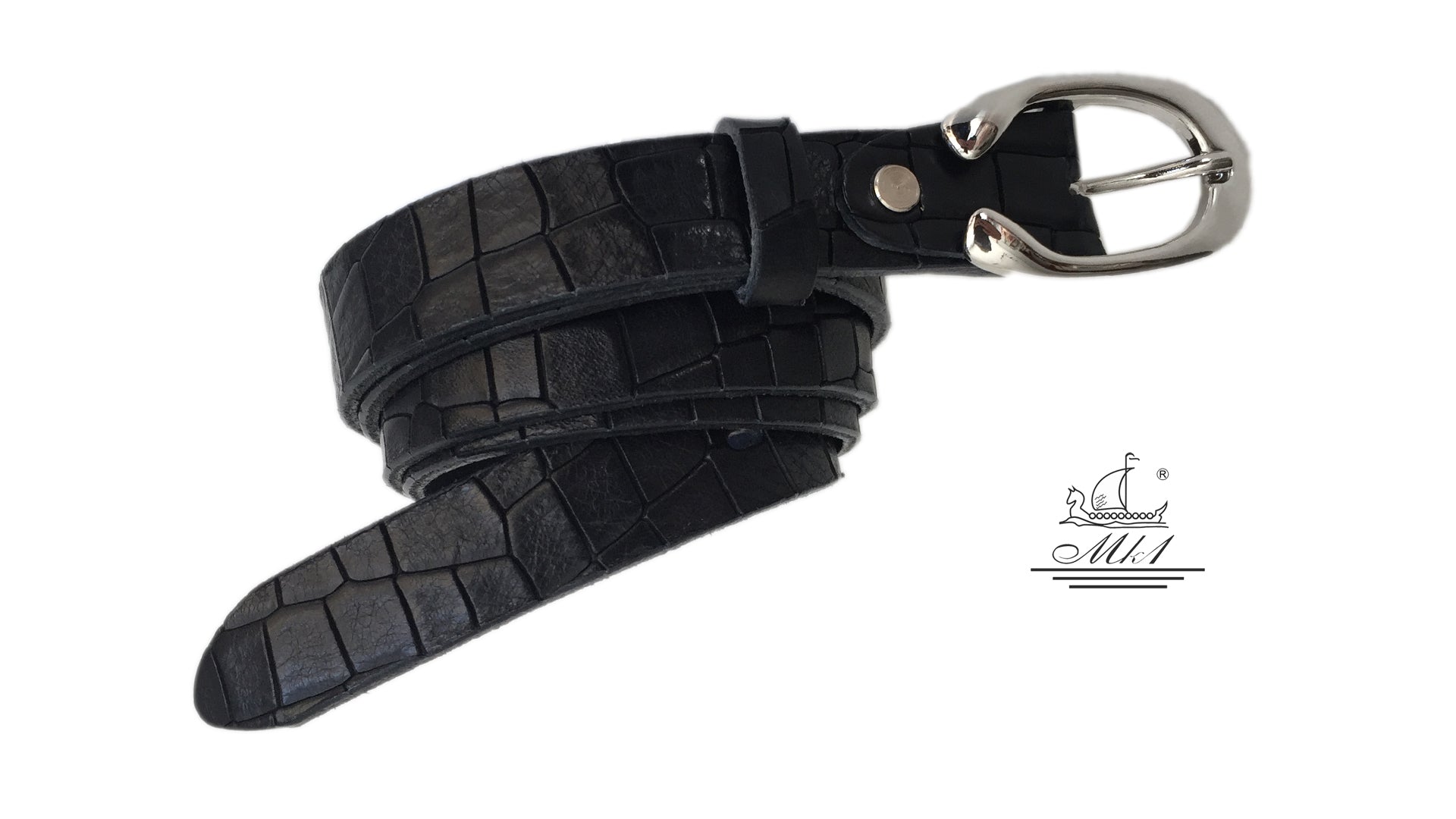 Women's thin belt handcrafted from black natural leather with croco design 101294-25m-kr