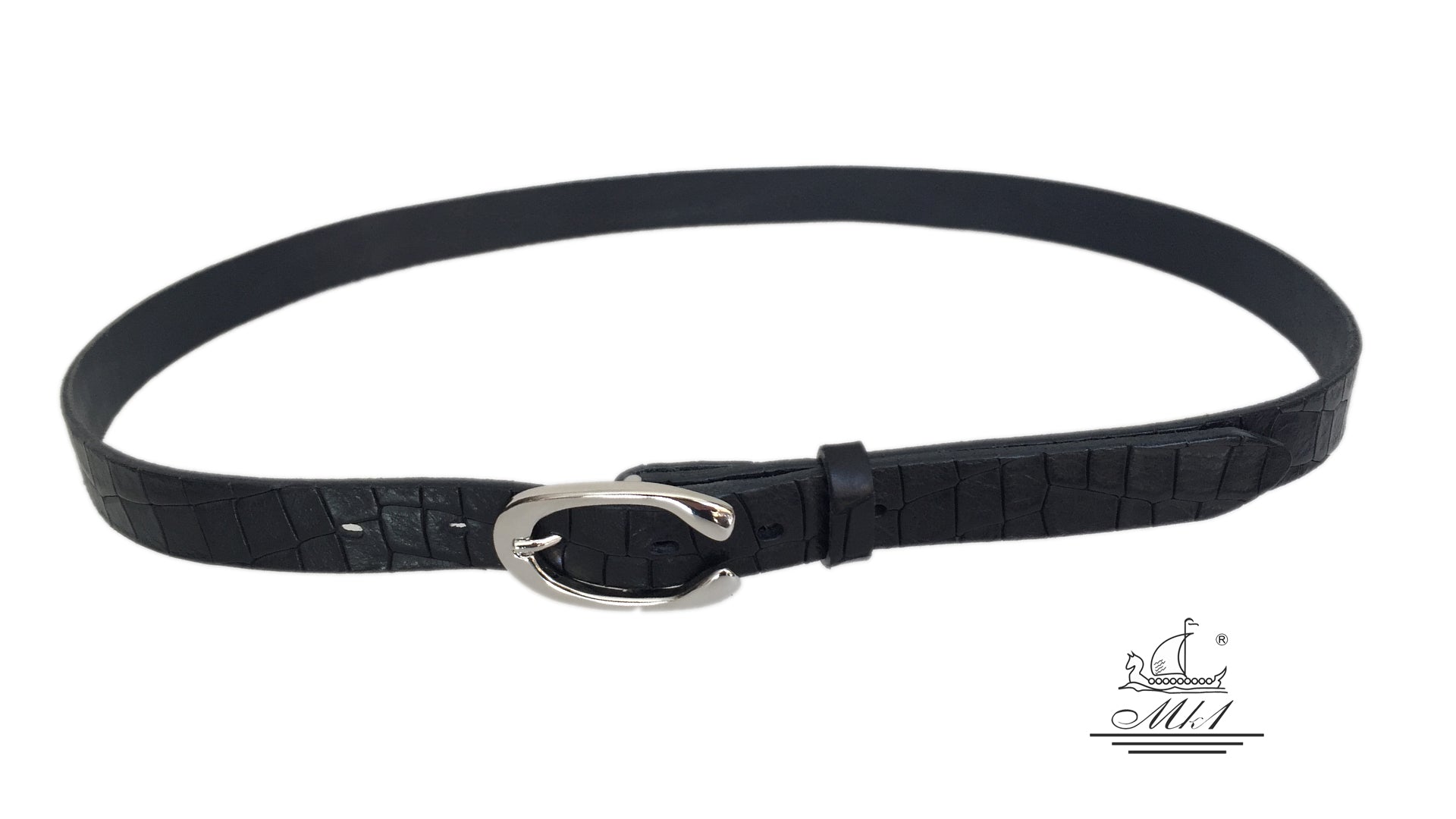 Women's thin belt handcrafted from black natural leather with croco design 101294-25m-kr