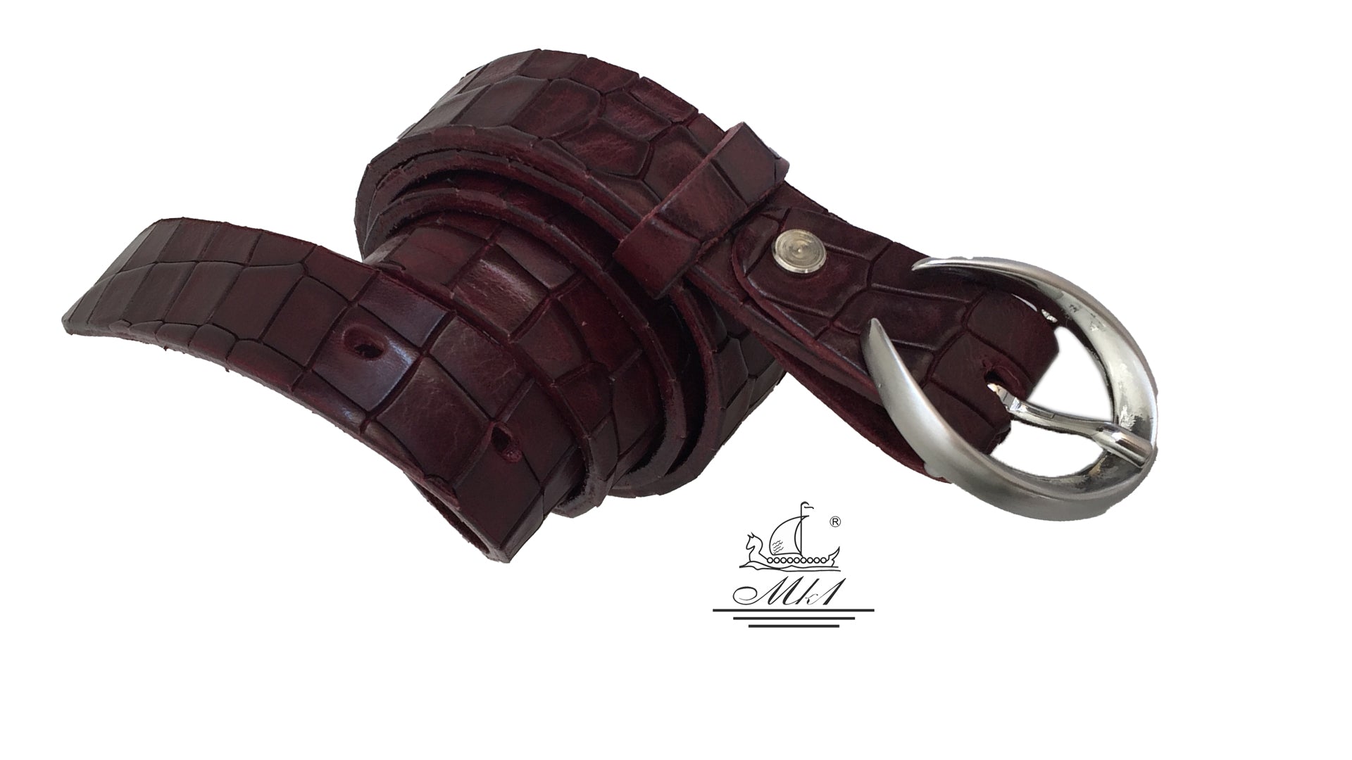 Women's thin belt handcrafted from redbrown natural leather with croco design 101589/25Nrb-kr