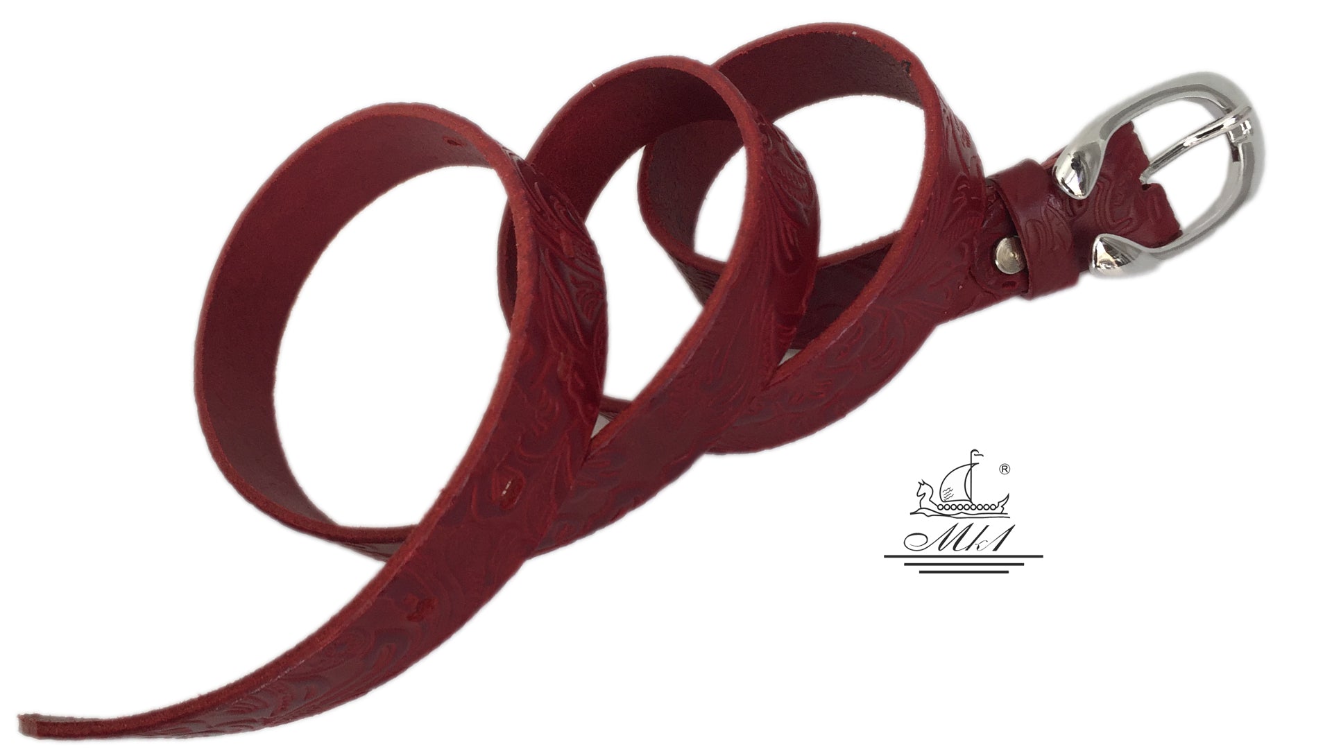 Women's thin belt handcrafted from red natural leather with floral design 101294-25rd-ll