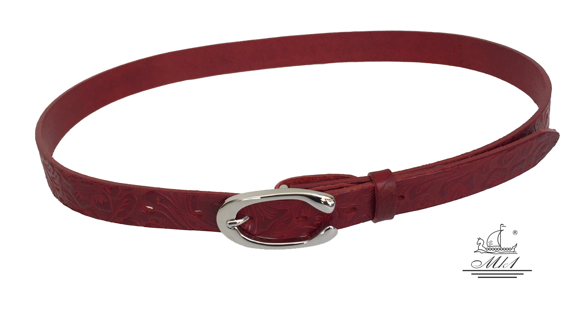 Women's thin belt handcrafted from red natural leather with floral design 101294-25rd-ll
