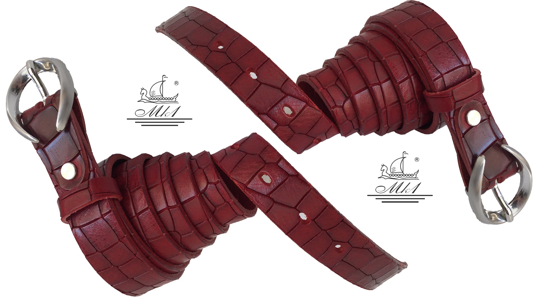 Women's thin belt handcrafted from red natural leather with croco design 101589/25Nrd-kr