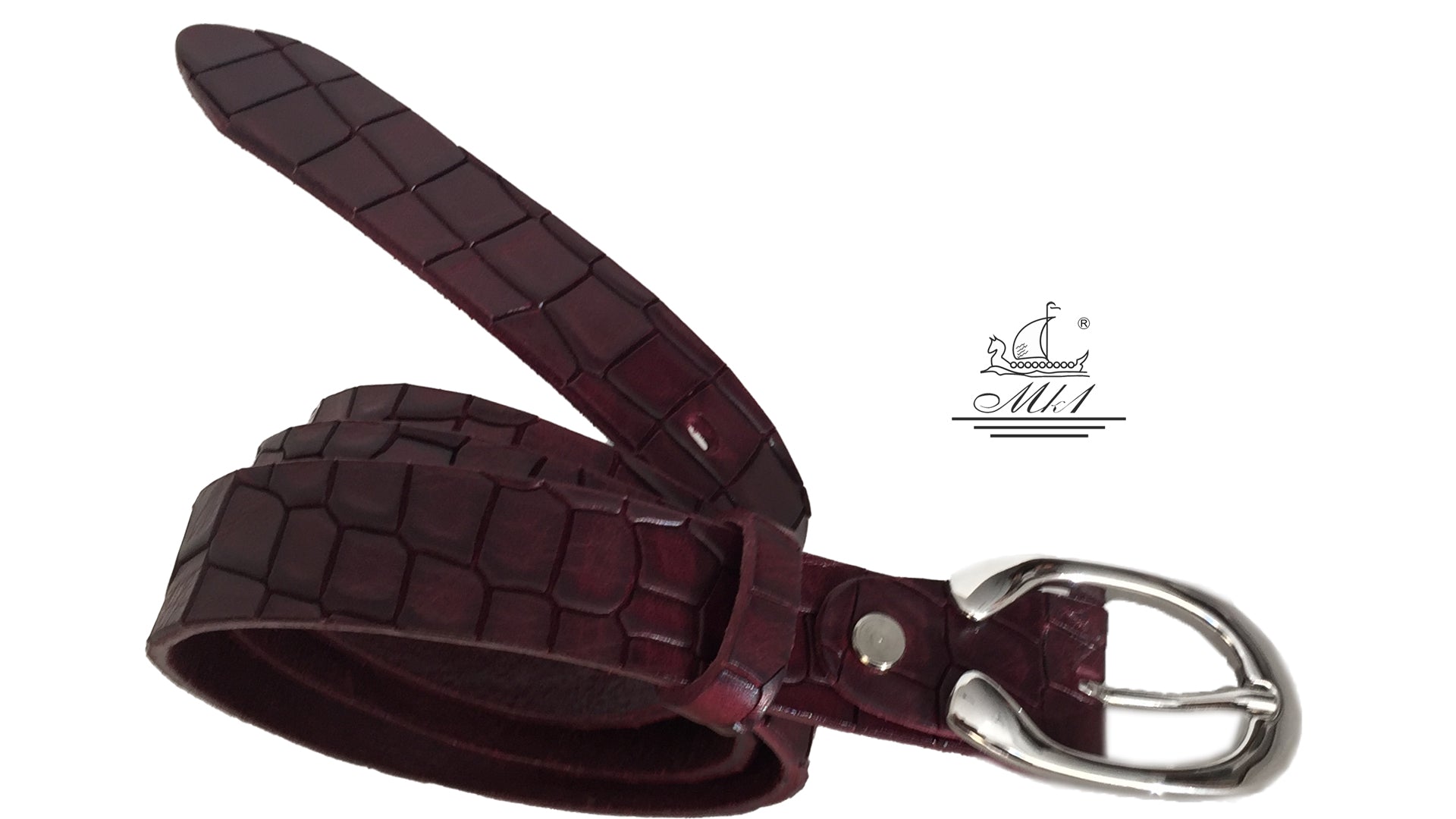 Women's thin belt handcrafted from redbrown natural leather with croco design 101294-25 rb-kr