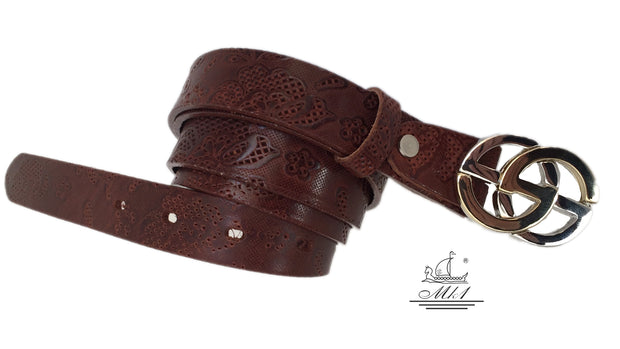 Women's thin belt handcrafted from brown natural leather with floral design. 101689/25k-dt
