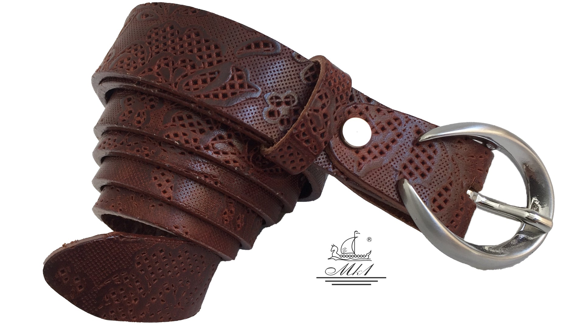 Women's thin belt handcrafted from redbrown natural leather with floral design 101589/25Nrb-dt