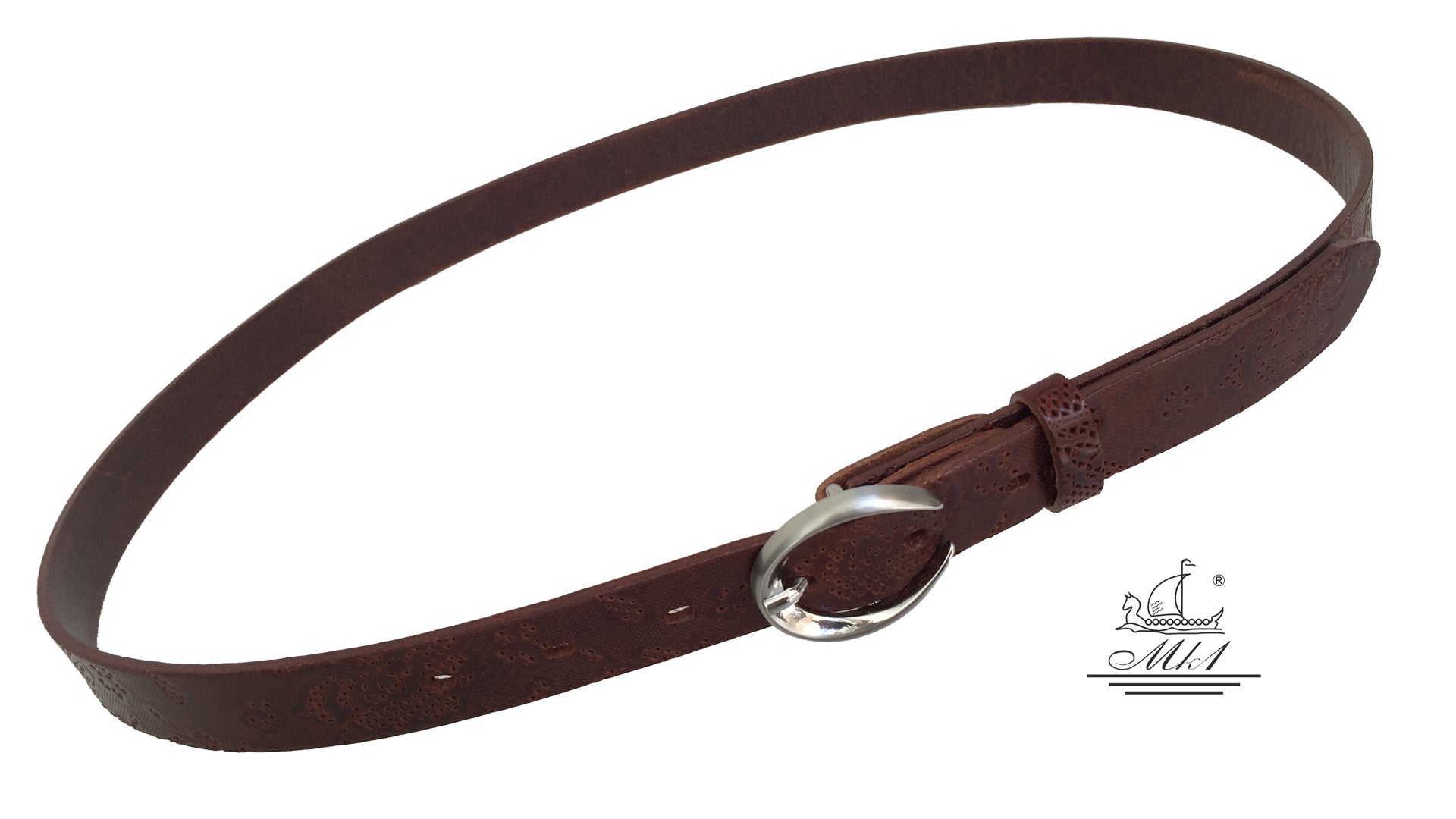 Women's thin belt handcrafted from redbrown natural leather with floral design 101589/25Nrb-dt